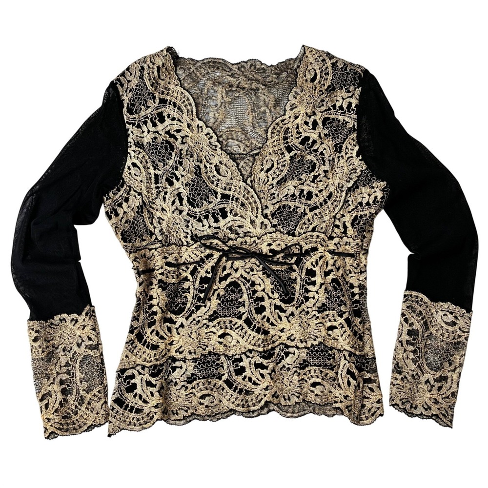 Vtg Y2K 90s Blouse Lace Mesh Sz‎ M Black Gold Empire Vamp Romantic Whimsigoth